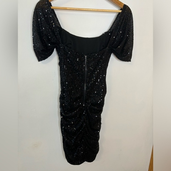 Hello Molly Cap Sleeve Black Sequin Ruched Sides Sequin Mini Dress - Picture 4 of 7